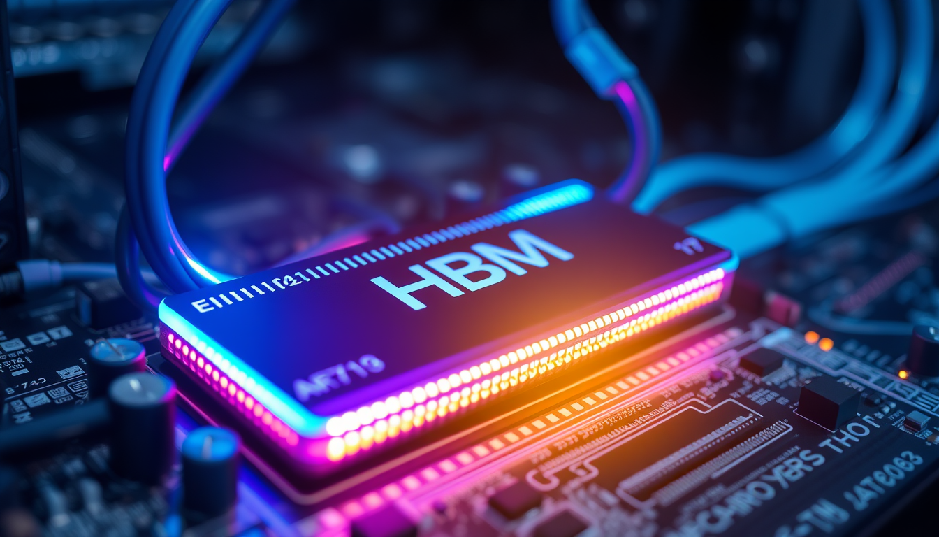 AI 슈퍼컴퓨터에 장착되는 HBM 반도체 칩 클로즈업 이미지 - AI 시대의 핵심 기술을 상징