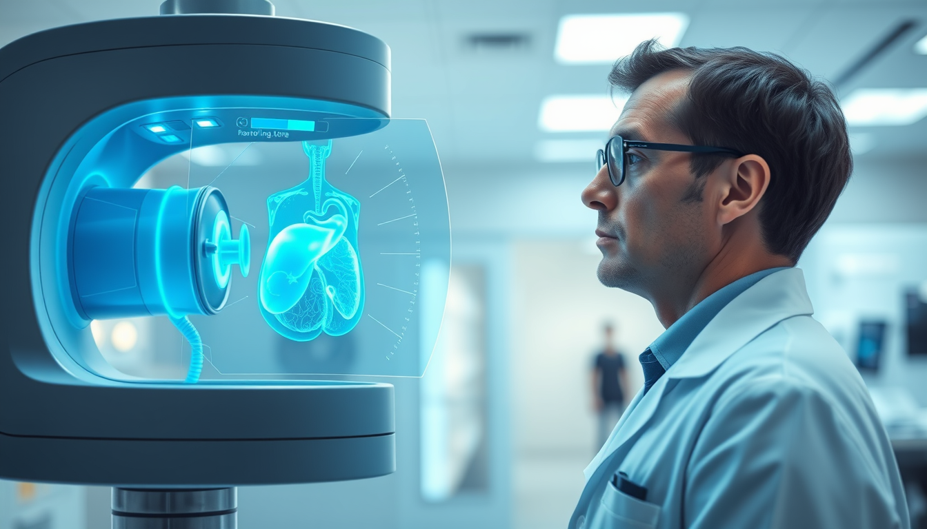 첨단 의료 장비가 혁신적인 암 치료 기술을 시연하는 미래 연구실 풍경