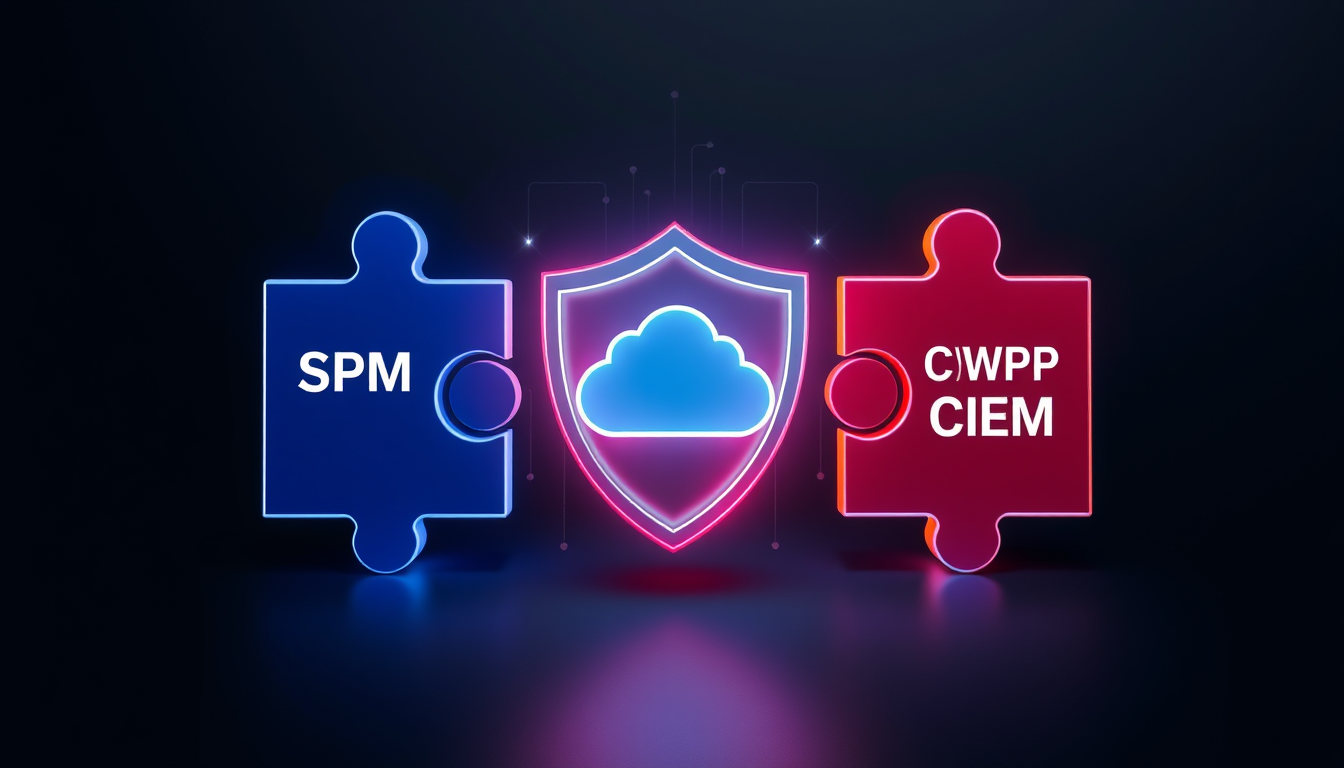 CSPM, CWPP, CIEM이 통합되어 시너지를 내는 CNAPP의 개념을 표현하는 방패 이미지