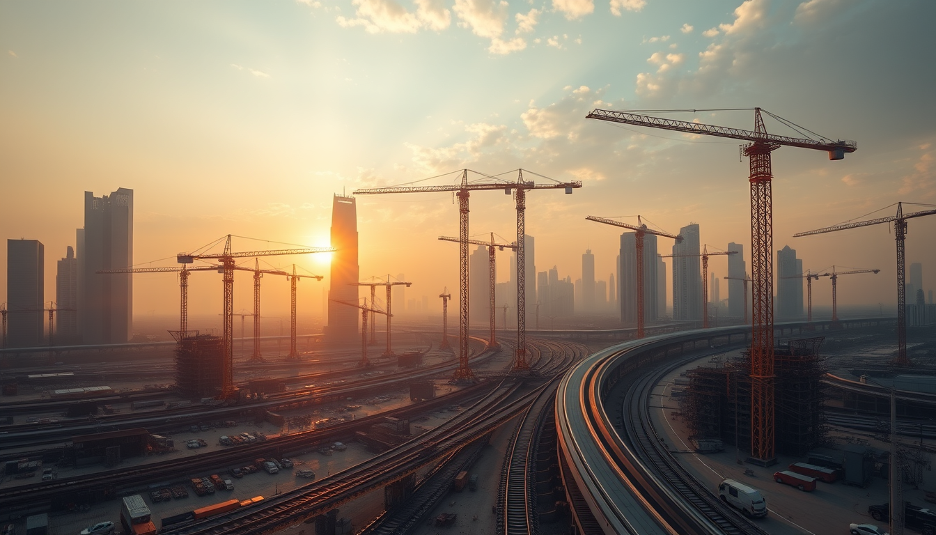 해가 뜰 무렵, 새로운 신도시와 고속철도 건설이 한창인 대규모 공사 현장 전경
