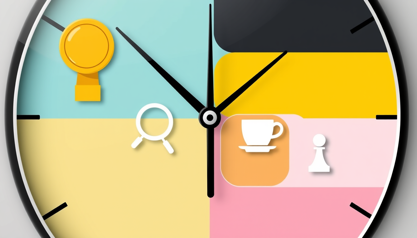 시간대별 단타 매매 전략을 상징하는 아이콘이 그려진 네 구간으로 나뉜 시계