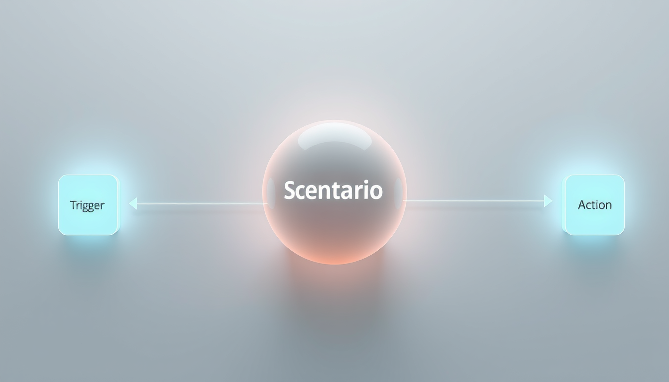 시나리오 모듈 연결 오퍼레이션 등 Make.com의 4가지 핵심 개념을 시각적으로 도식화한 이미지