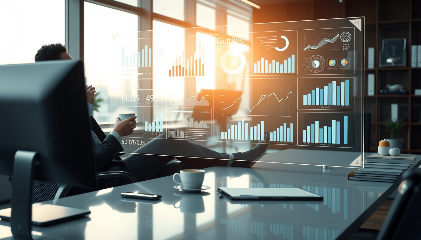 한 전문가가 여유롭게 커피를 마시는 동안, 홀로그램 AI 인터페이스가 복잡한 업무 데이터를 자율적으로 처리하는 미래적인 사무실 풍경.