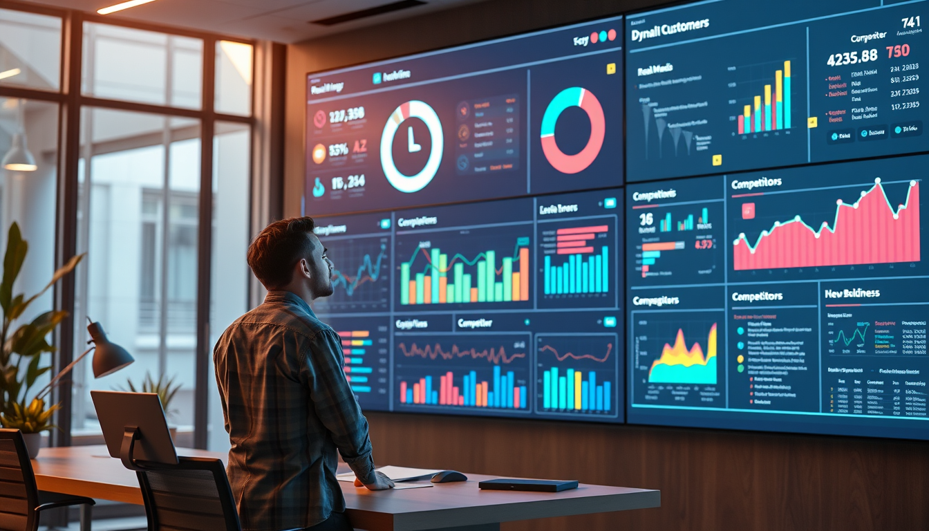 마케팅팀 사무실의 대형 스크린에 AI 에이전트가 실시간 데이터 대시보드를 업데이트하고 있고, 전문가는 이를 보며 창의적인 전략을 구상하고 있다.
