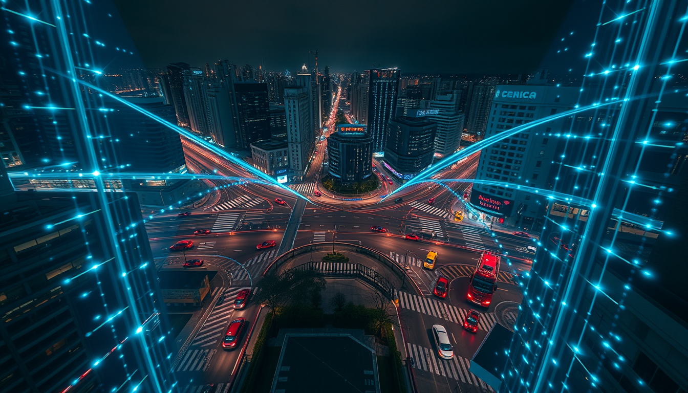 AI가 스마트 교차로의 교통 흐름을 실시간으로 분석하는 모습