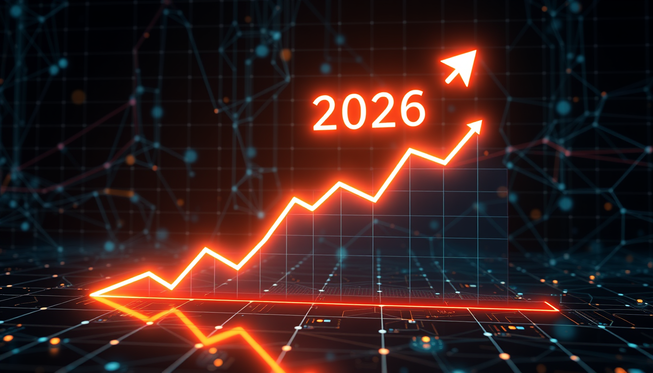 2026년 AI 기술과 함께 성장하는 미국 주식 시장을 상징하는 미래형 그래프