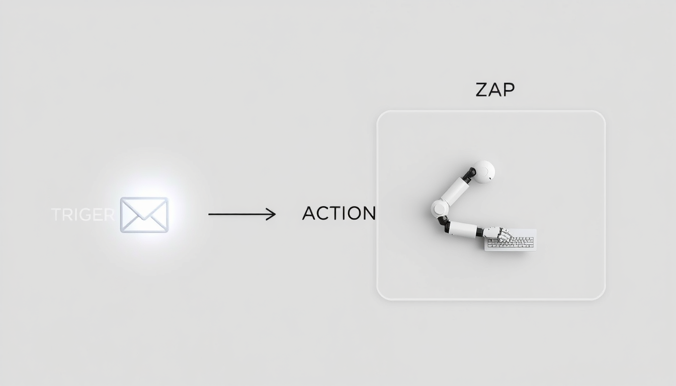 재피어의 핵심 개념인 트리거, 액션, Zap의 작동 방식을 설명하는 3D 다이어그램