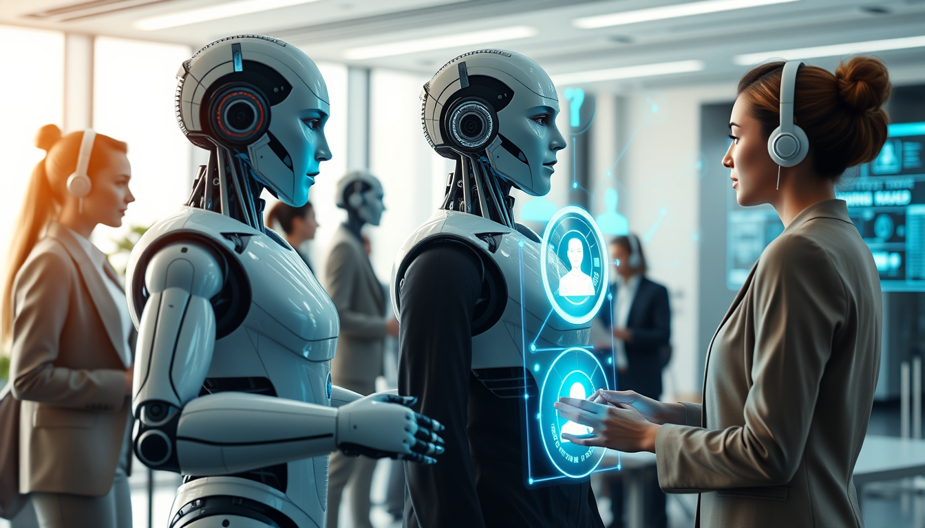 미래의 사무실에서 다양한 직업의 사람들이 친근한 로봇 동료들과 함께 협업하며 일하는 모습