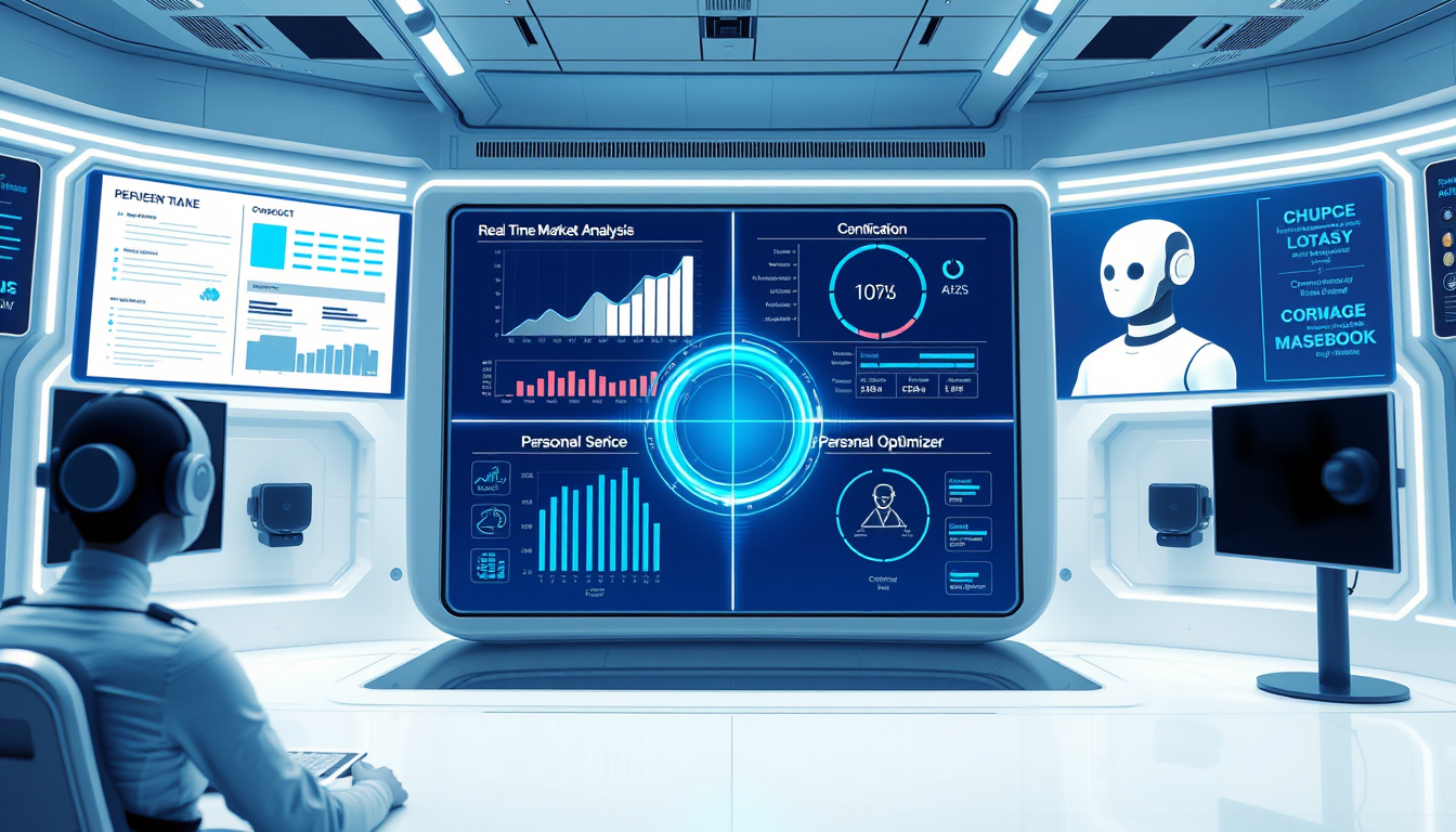 업무 자동화, 정보 분석, 고객 서비스, 개인 비서 등 다양한 AI 에이전트의 활용 사례를 보여주는 미래형 대시보드