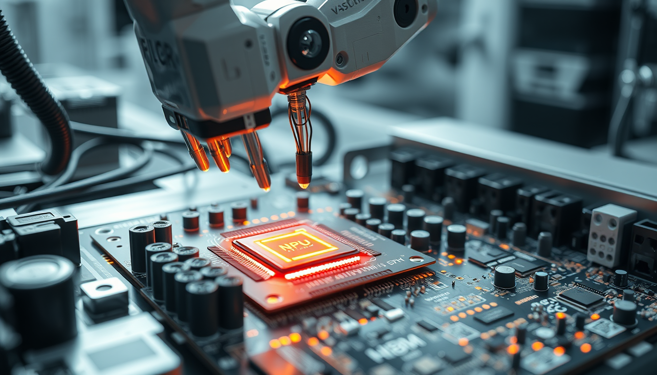 로봇팔이 AI 칩과 HBM 메모리를 첨단 회로 기판에 조립하는 장면