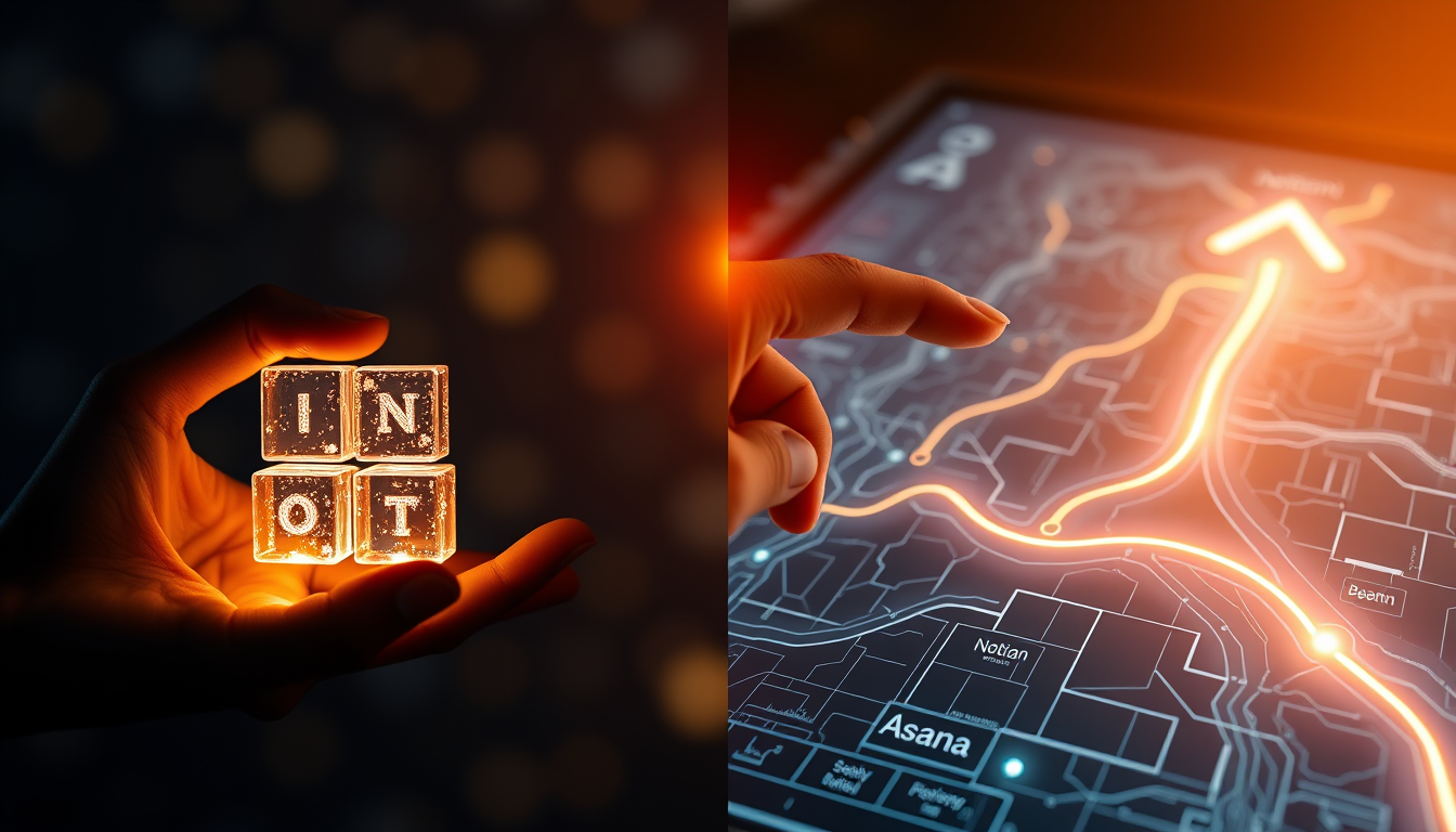 노션의 유연함과 아사나의 목표 지향성을 시각적으로 대비한 이미지