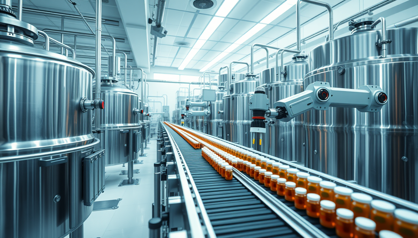 자동화된 설비를 갖춘 깨끗하고 정밀한 바이오 의약품 생산 시설 내부 전경