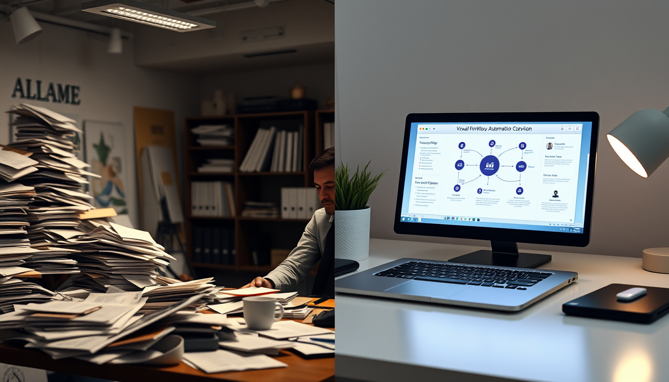 반복적인 수기 업무로 어지러운 책상과 자동화 툴로 깔끔하게 정리된 책상을 대비하여 보여주는 이미지