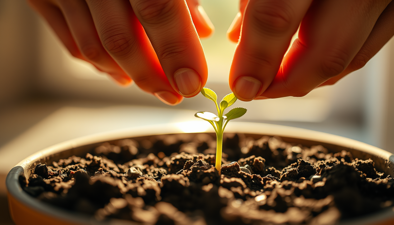 따뜻한 햇살 아래 작은 새싹을 화분에 심으며 소액 투자의 시작을 상징하는 모습