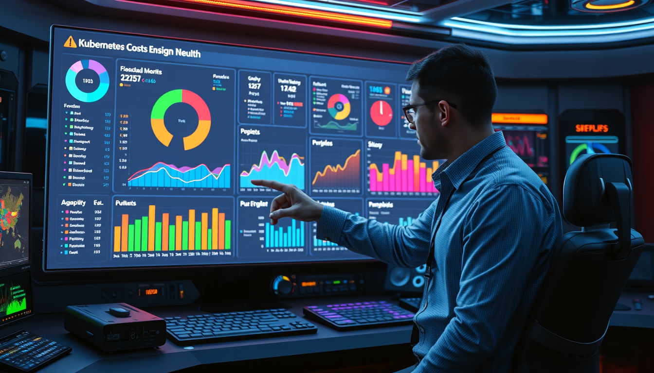 전문가가 쿠버네티스 비용 가시성 대시보드를 보며 데이터를 분석하는 모습