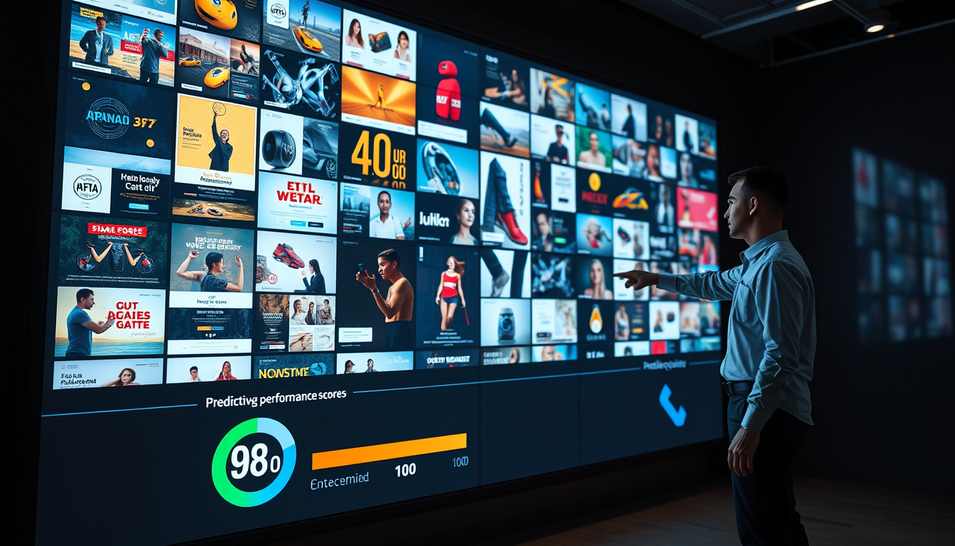 AI가 생성한 광고 소재들의 성과 예측 점수를 보여주는 대시보드