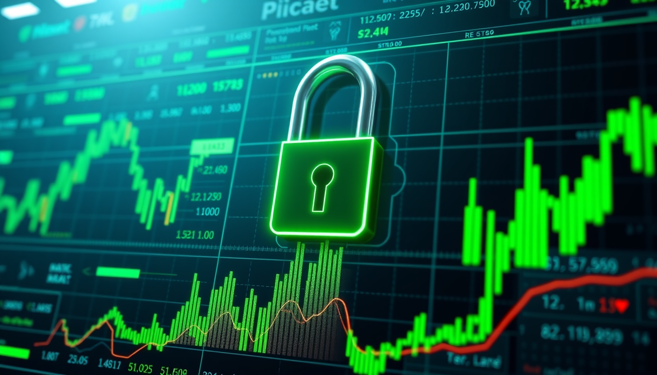 사이버 보안 테마주 강세를 상징하는 미래적인 주식 시장 데이터 그래프와 자물쇠 아이콘