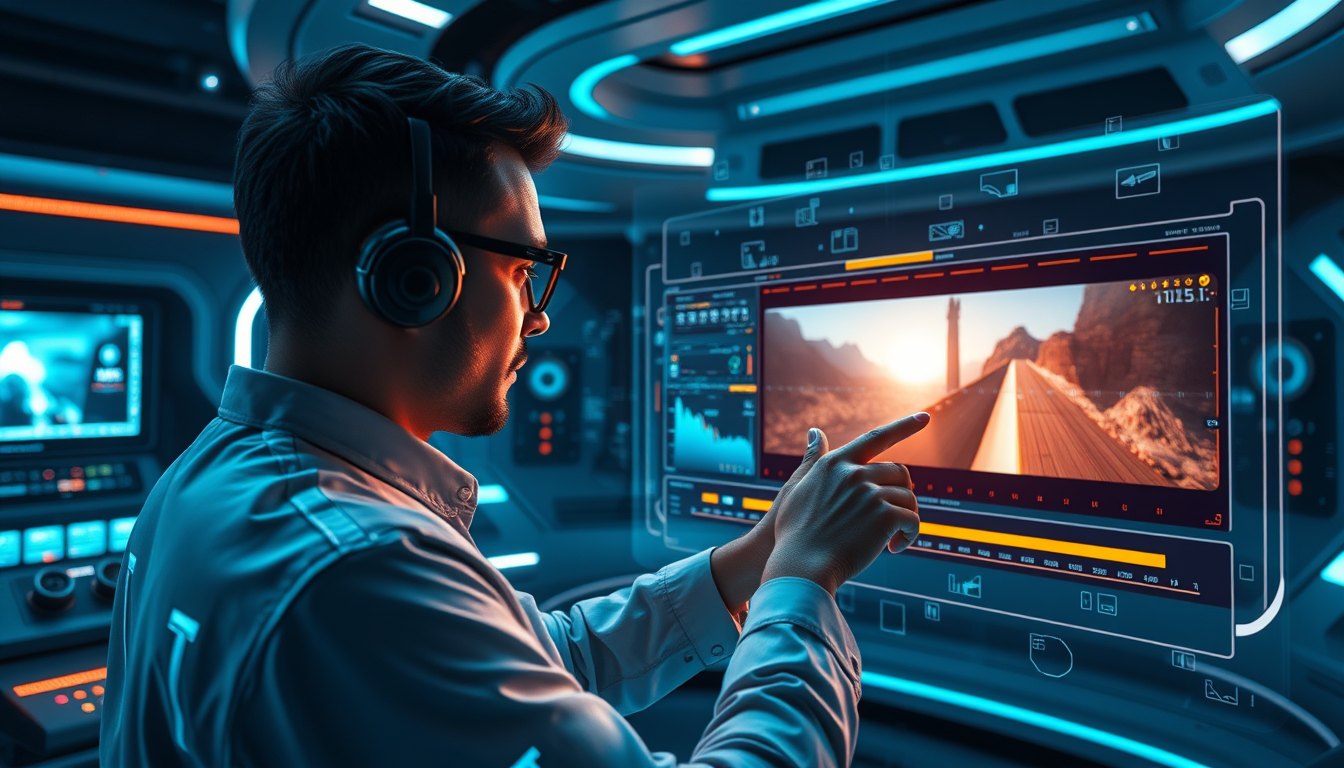 AI가 자동으로 영상 편집을 수행하는 미래적인 홀로그램 인터페이스를 조작하는 영상 제작자.