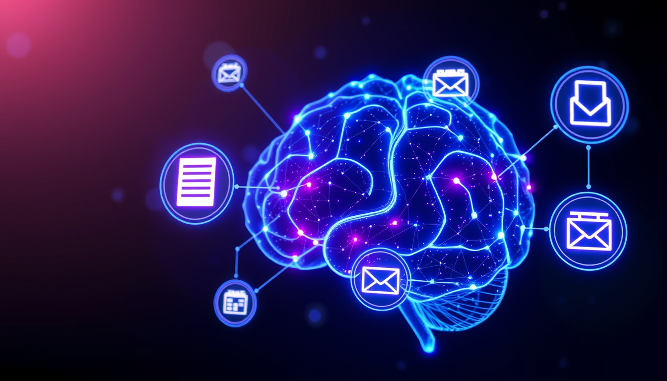 복잡한 비즈니스 과업을 스스로 계획하고 실행하는 AI 에이전트의 자율적인 지능을 상징하는 빛나는 신경망 이미지.