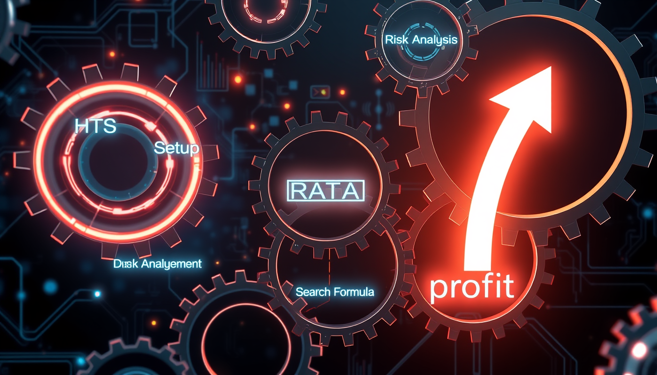 HTS 선택, 설정, 조건검색식 제작, 검증의 단계가 맞물려 돌아가는 수익 시스템을 시각화한 이미지