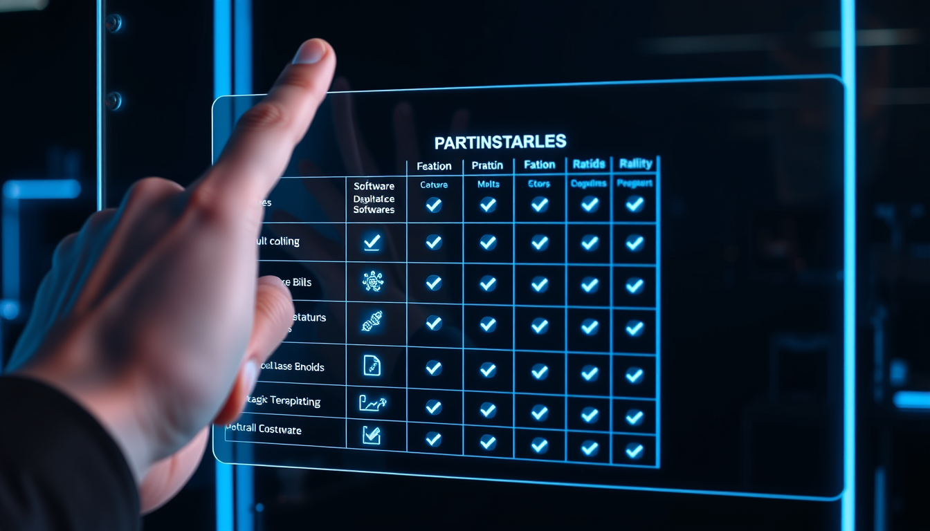 투명 스크린에 떠 있는 AI 영상 편집기 기능 비교표를 손으로 가리키는 모습.