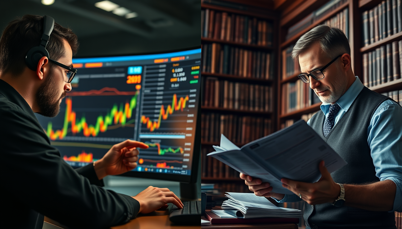 단타 매매와 장기 투자를 비교하는 이미지 한쪽은 복잡한 차트를 보고 다른 쪽은 재무제표를 보고 있다