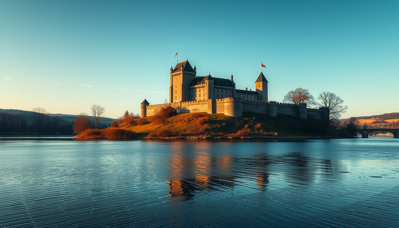 워렌 버핏의 경제적 해자 원칙을 상징하는, 튼튼한 성과 그것을 둘러싼 깊은 연못