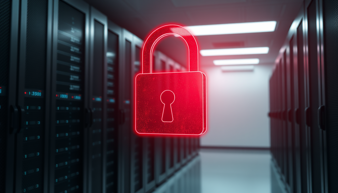 데이터 유출 사태를 상징하는 붉은 자물쇠 아이콘이 떠 있는 첨단 서버실 내부 모습