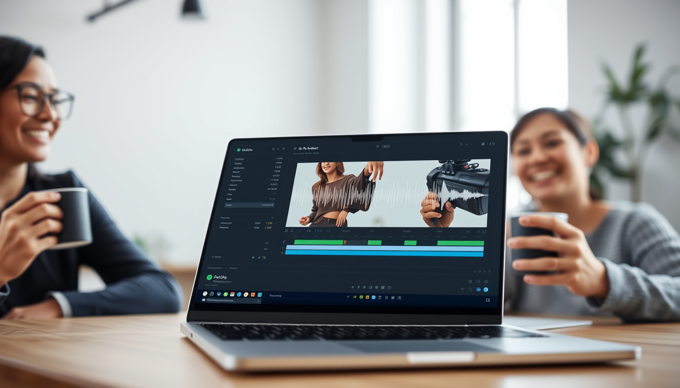 AI 영상 편집 프로그램이 자동으로 묵음 구간을 제거하는 동안, 한 크리에이터가 편안하게 커피를 마시고 있다.