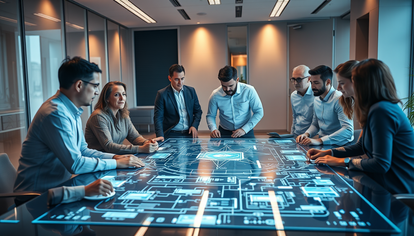 IT 전략가 팀이 회의실에서 하이브리드 클라우드 아키텍처 홀로그램을 보며 전략적 선택을 하는 모습