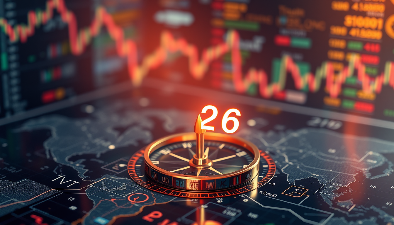 2026년 주식 시장의 기회와 미래를 향한 비전을 상징하는 나침반과 홀로그램 지도 이미지