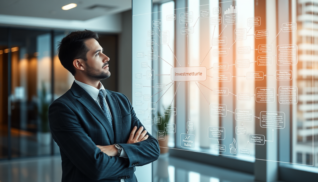 투명한 스크린에 표시된 다양한 투자 테마들 사이에서 다음 투자 기회를 찾는 전략적인 투자자