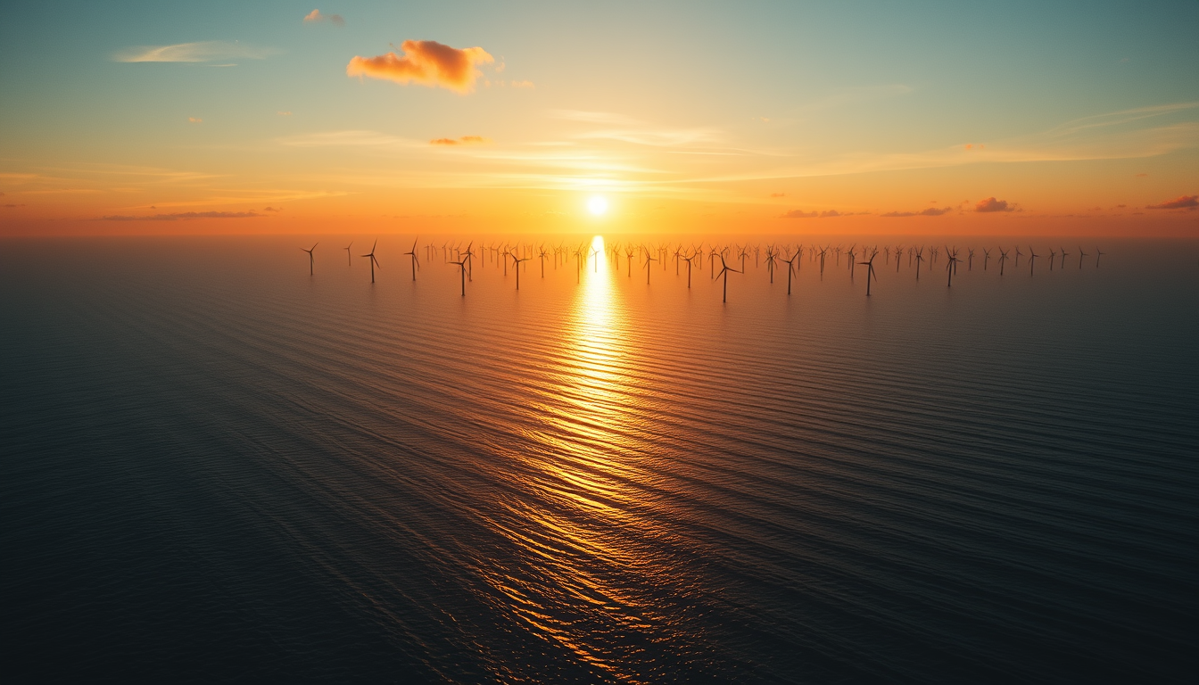 일출 하늘 아래 광활한 바다에 펼쳐진 대규모 해상풍력발전소 전경