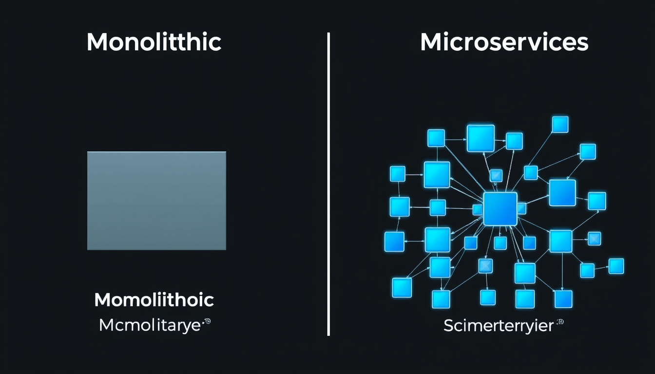 하나의 거대한 덩어리인 모놀리식 아키텍처와 여러 개의 작은 서비스로 나뉜 마이크로서비스 아키텍처를 비교하는 이미지