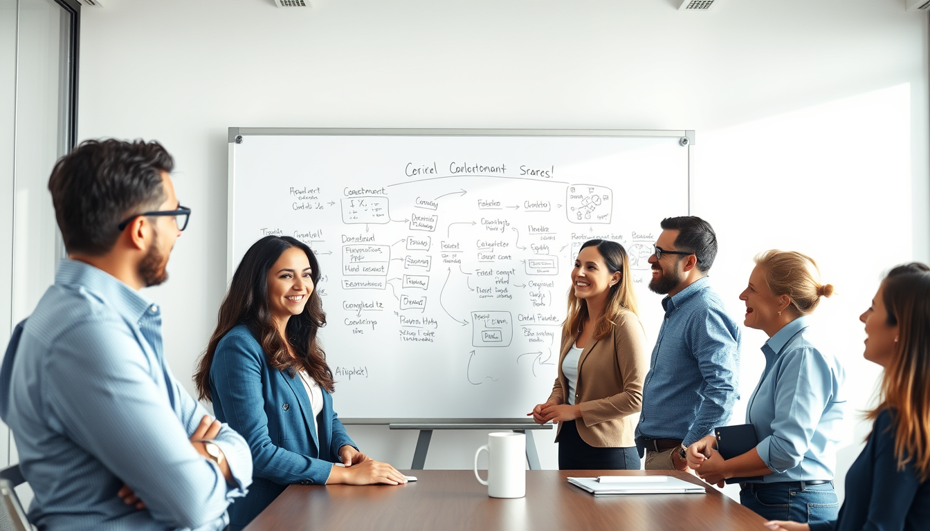 팀원들이 함께 일하는 방식을 논의하며 최적의 협업툴을 선택하는 모습