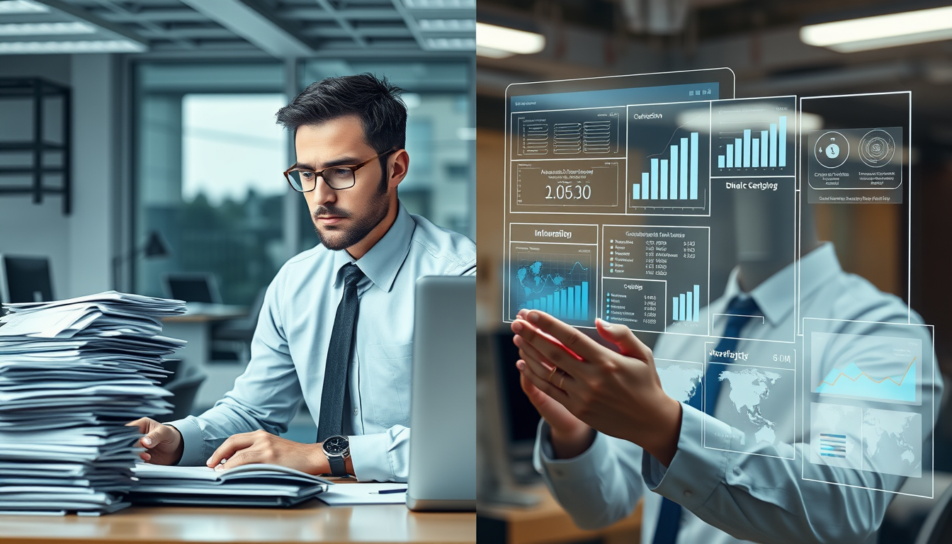 반복적인 서류 업무에 지친 직장인과 AI 에이전트를 활용해 여유를 찾은 직장인의 모습을 대비하여 보여주는 이미지