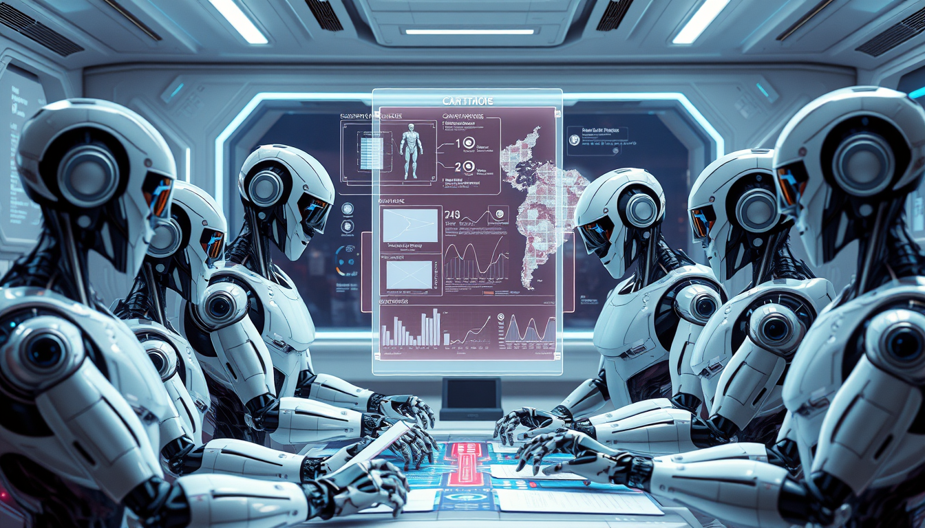 각기 다른 전문 분야를 가진 AI 에이전트 로봇들이 한 팀을 이루어 협업하며 복잡한 비즈니스 문제를 해결하는 모습