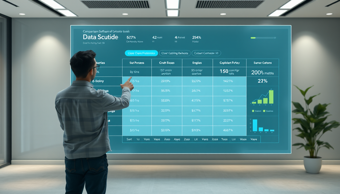 사용자가 대형 홀로그램 화면에 뜬 AI 자동화 툴 비교 분석표를 보며 최적의 도구를 신중하게 선택하는 모습