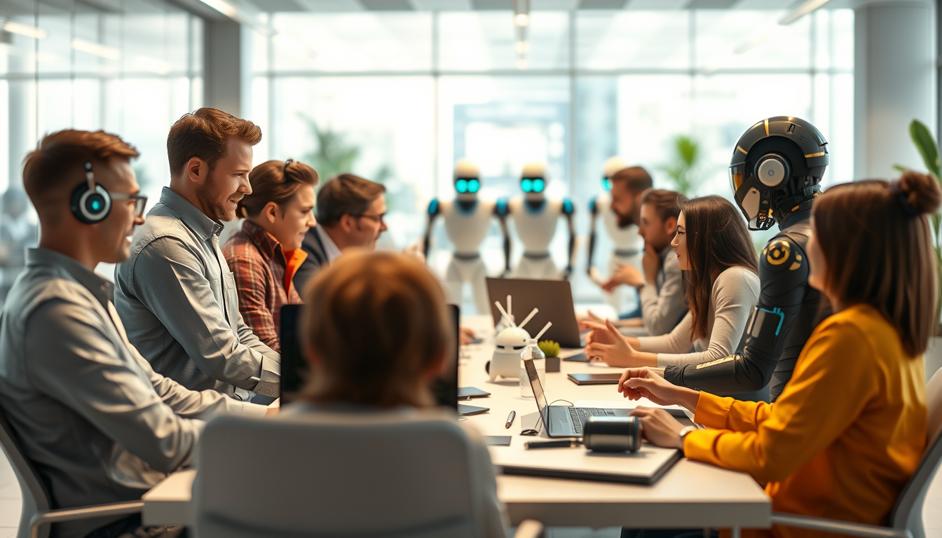 AI가 반복 업무를 처리하는 동안, 인간 팀은 창의적이고 전략적인 협업에 집중하며 시너지를 내는 미래의 업무 환경.