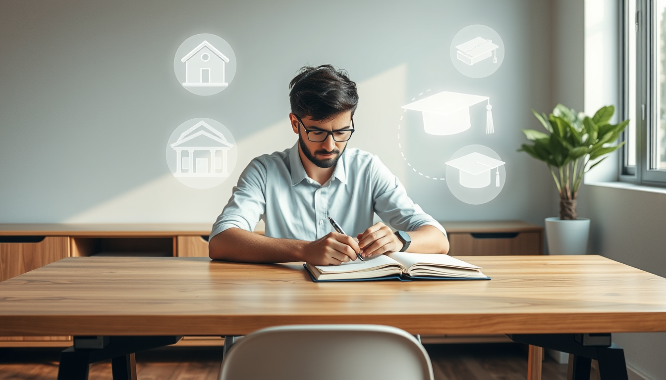 책상에 앉아 자신의 투자 목표와 인생 계획을 세우는 사람