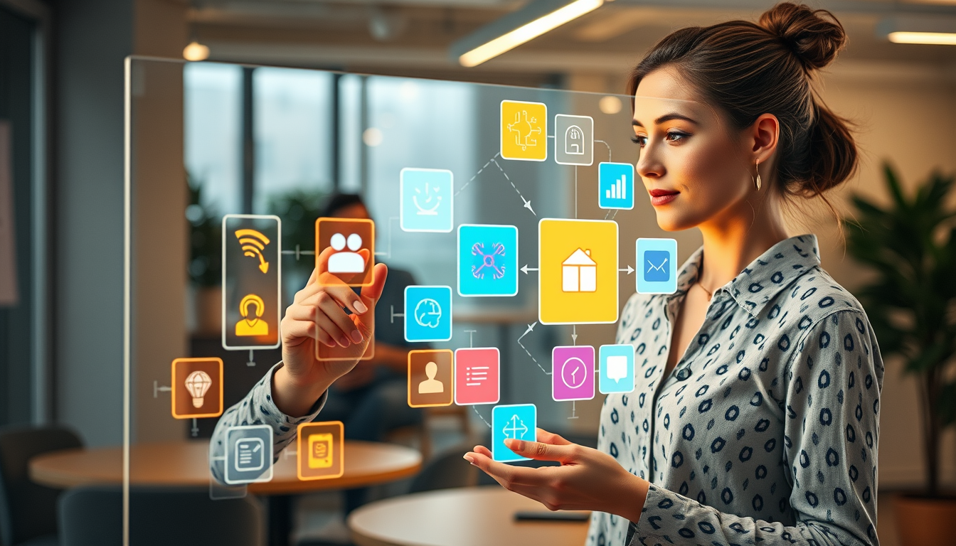 한 비개발자 여성이 코딩 없이 레고 블록처럼 생긴 기능 아이콘을 드래그 앤 드롭하여 AI를 만들고 있는 모습