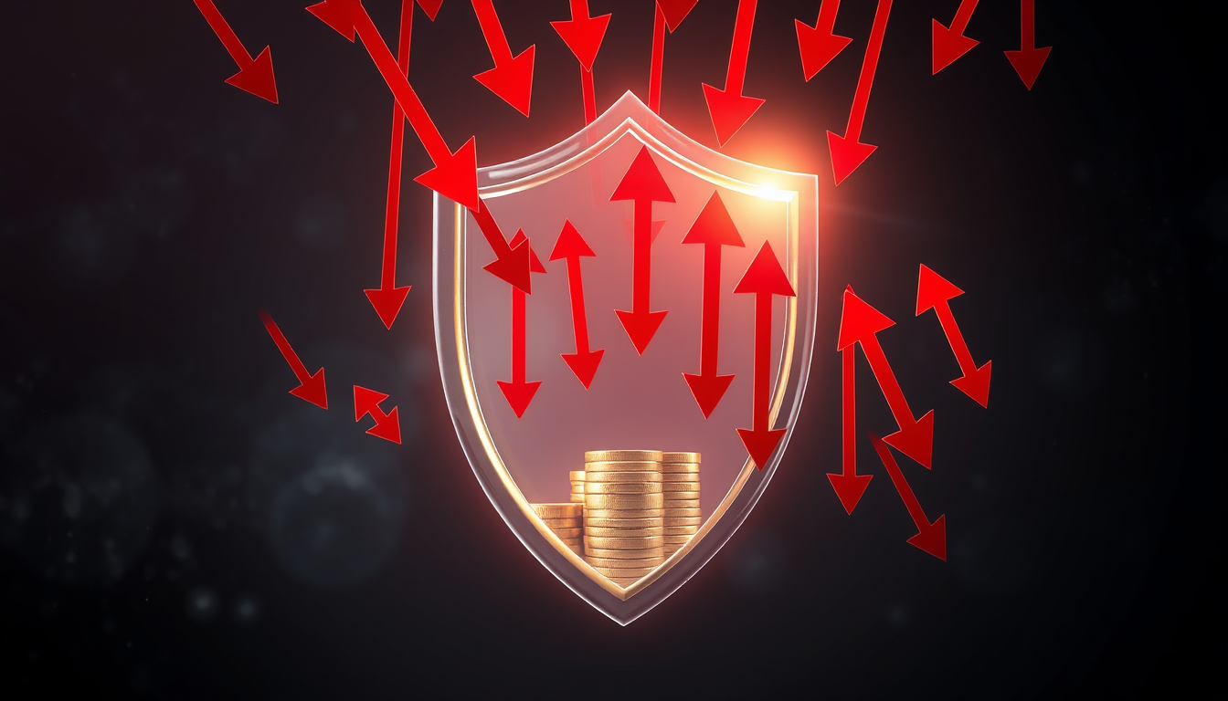 투명한 방패가 하락하는 붉은 화살표들을 막아내며 뒤에 있는 금화를 보호하는 이미지