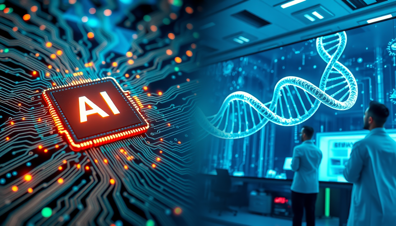 AI 반도체 칩과 바이오 연구실이 나란히 보이는 이미지 - 2025년 증시의 두 가지 핵심 주도 테마를 상징