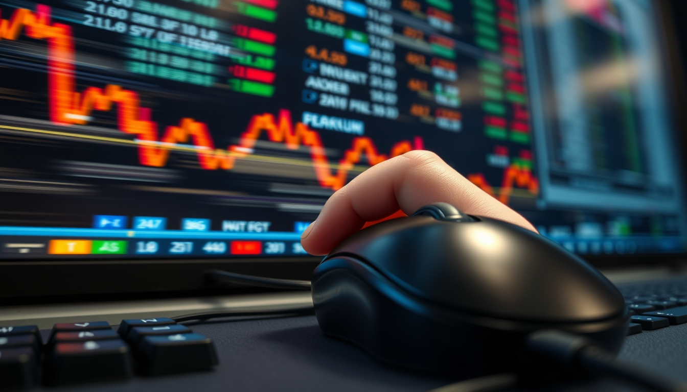 빠른 속도감을 나타내는 스캘핑을 묘사하기 위해 컴퓨터 마우스를 빠르게 클릭하는 손 클로즈업