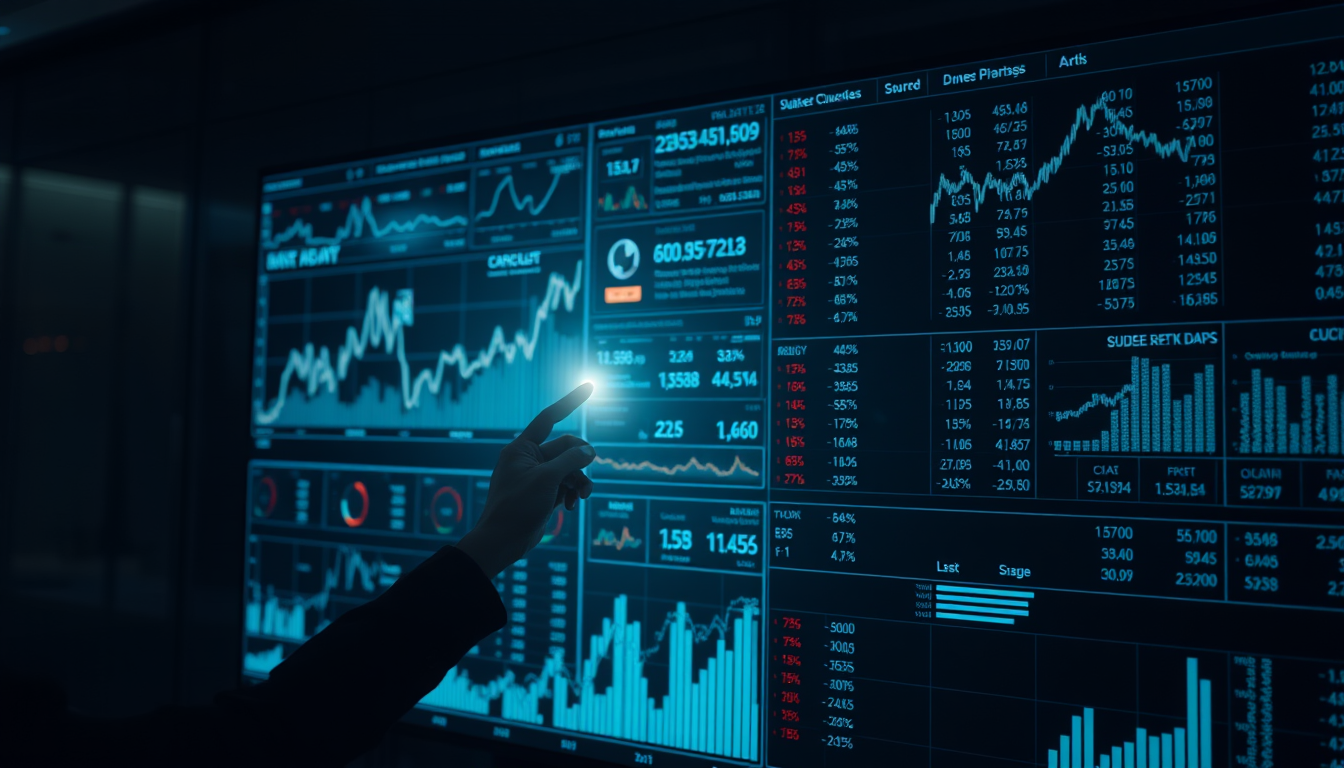 투명 터치스크린으로 유망 주식을 찾아내는 투자자의 모습