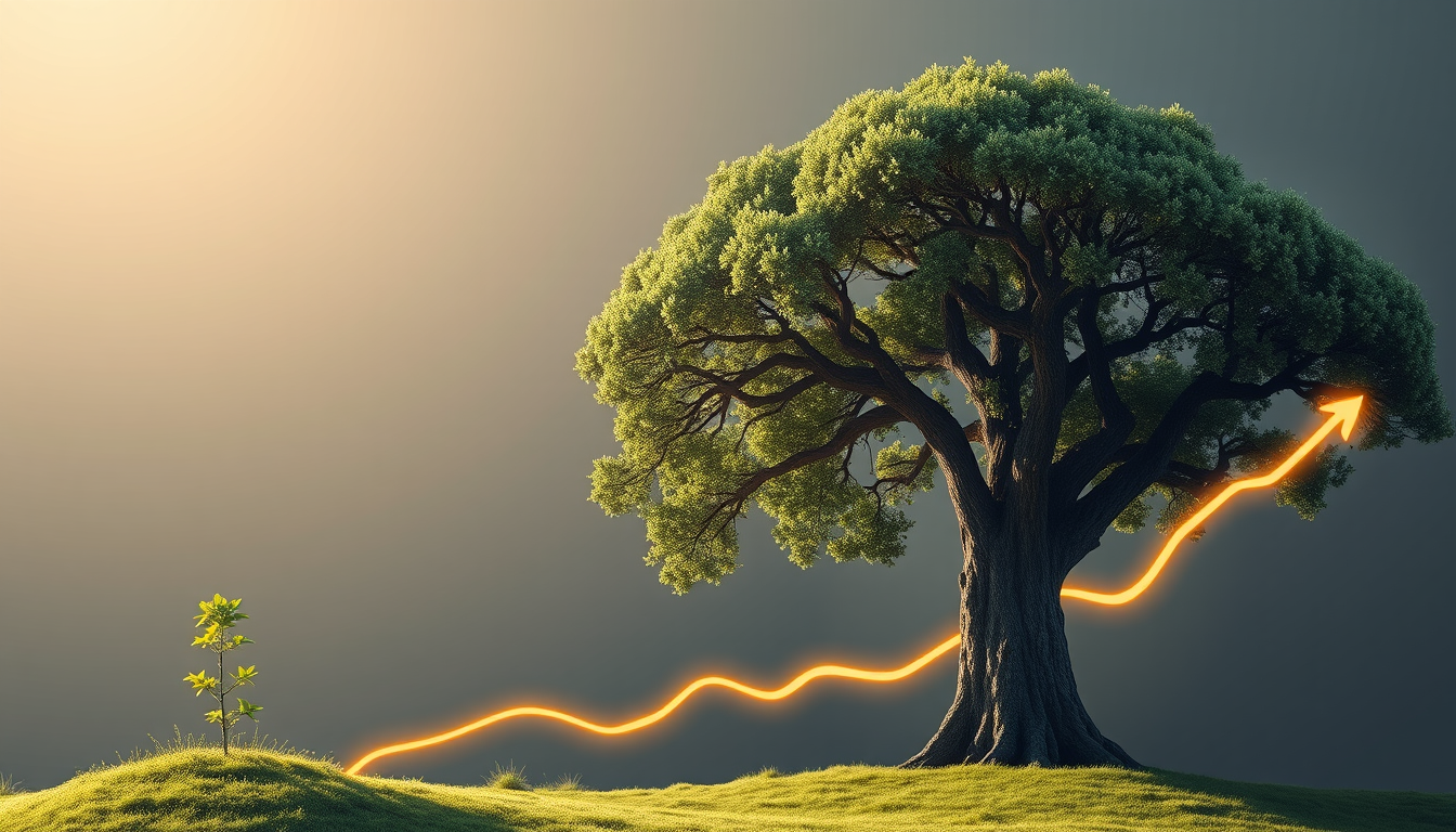 장기 투자의 성장을 상징하는, 어린 묘목에서 큰 나무로 자라나는 과정