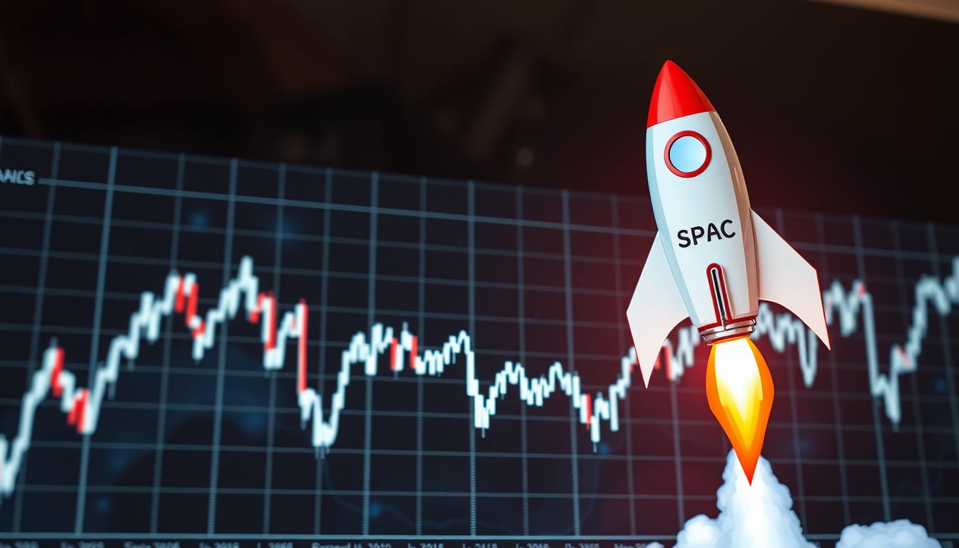 스팩 주의 이상 급등을 상징하는 주식 그래프 위로 발사되는 로켓