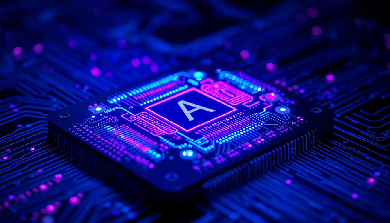 빛나는 회로가 돋보이는 미래형 AI 반도체 칩 클로즈업