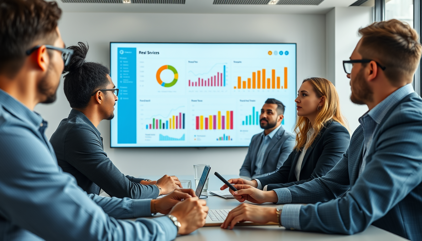 자동화된 실시간 데이터 대시보드를 보며 효율적으로 회의하는 마케팅 팀