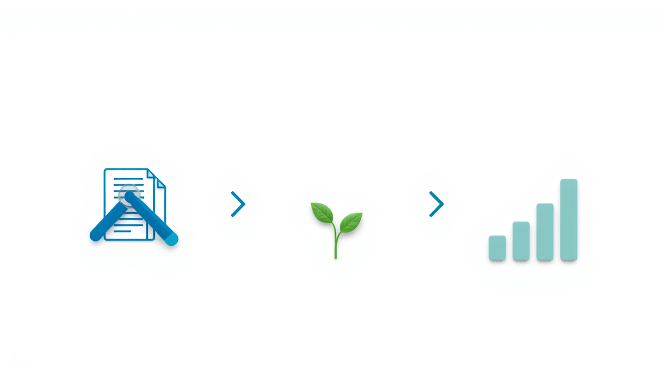 AI 에이전트 도입을 위한 3단계 전략인 분석, 작게 시작, 측정 및 확장을 나타내는 미니멀한 인포그래픽.